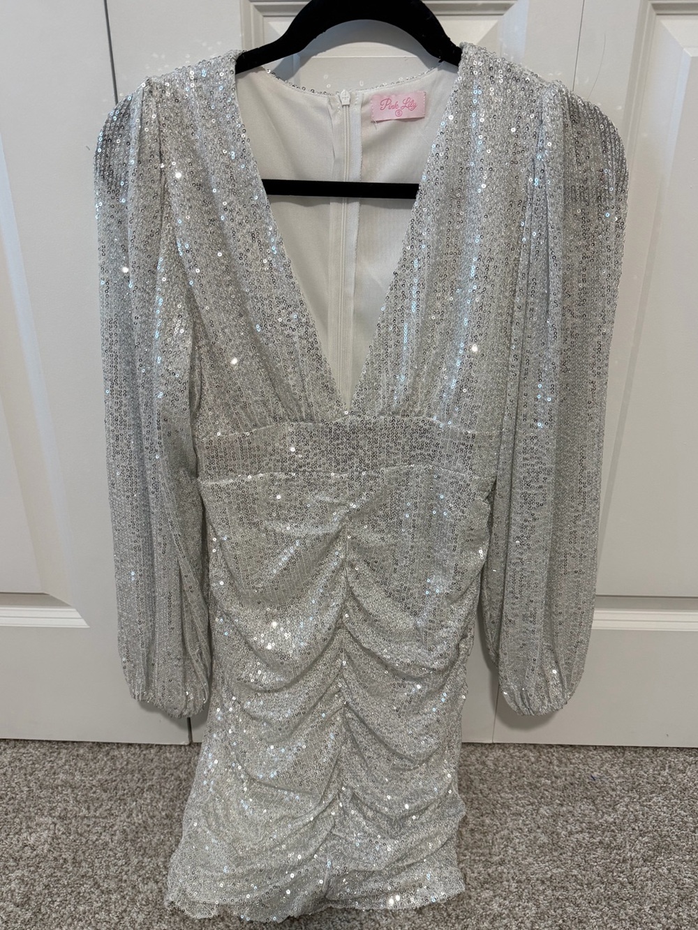 Pink Lily HolidayVibes Silver Sequin Ruched V-Neck Mini Dress